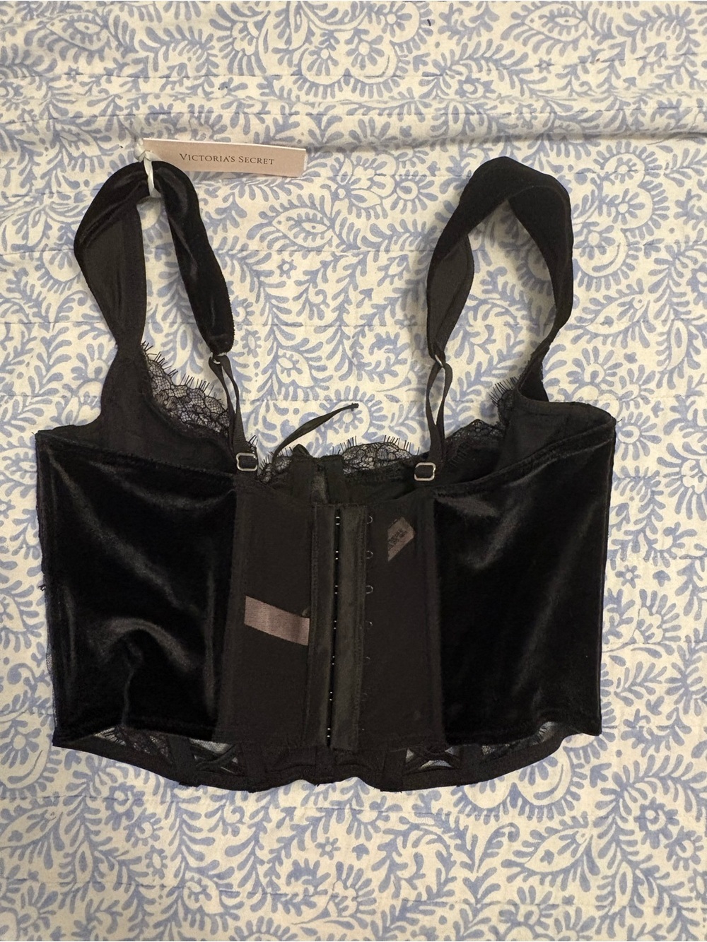 Victoria's Secret Black Velvet Lace-Trim Bustier Crop Top - Picture 2 of 3